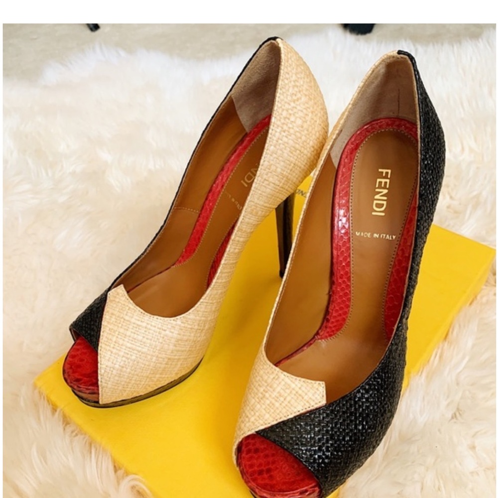 Fendi Black and Cream Peep Toe Heels